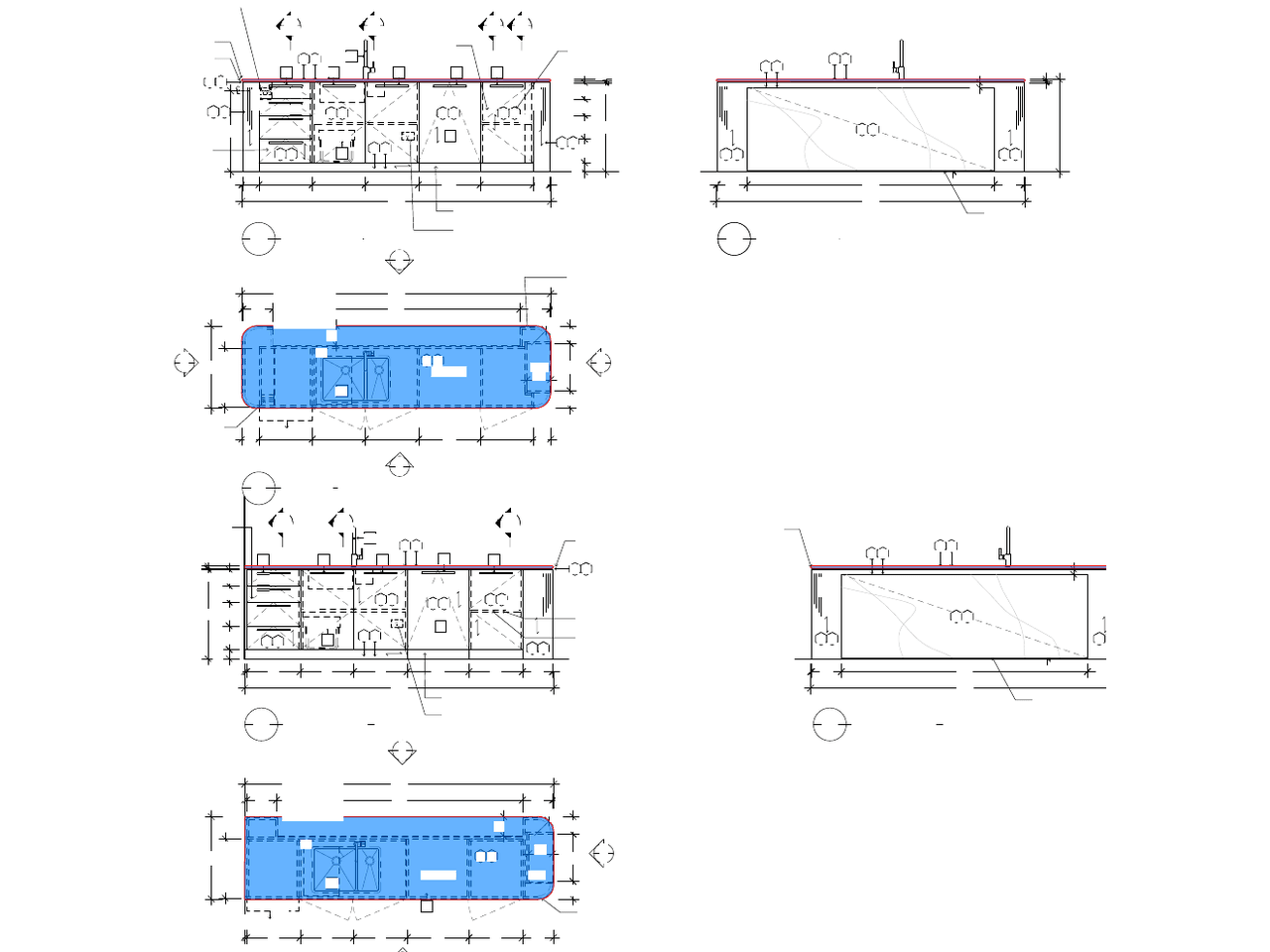 Redacted stone drawing excerpt showing plan and elevation views for hotel vanity tops; client identifiers and dimension values removed.