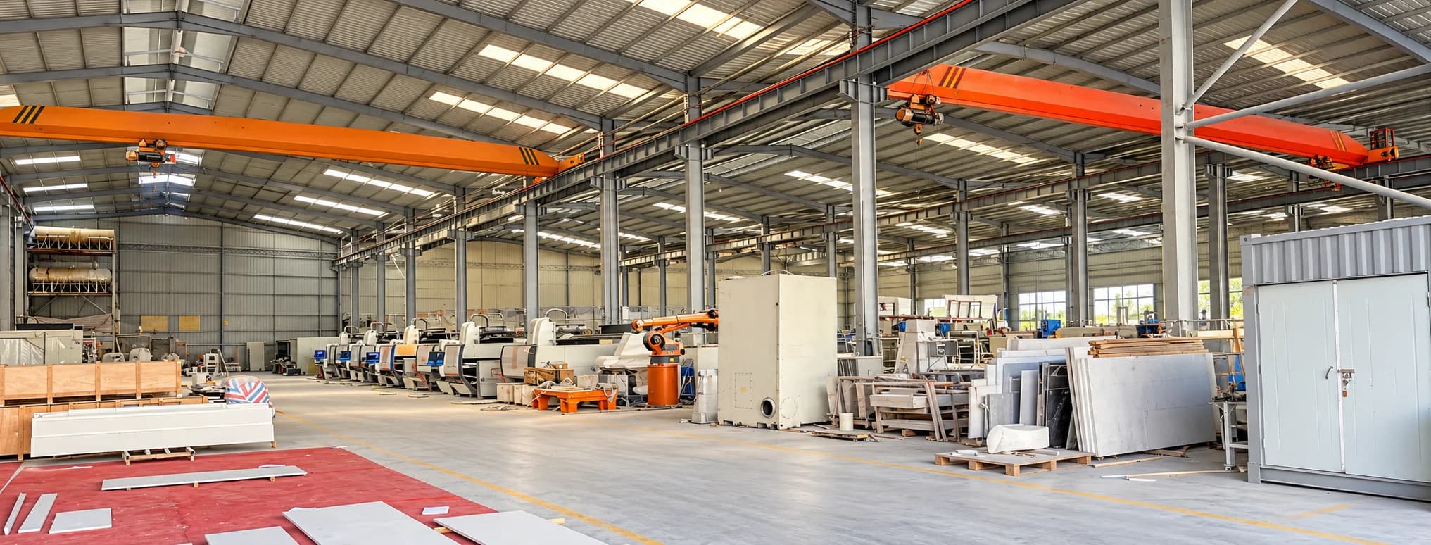 Stone processing workshop with machinery, overhead cranes, and stone slabs.