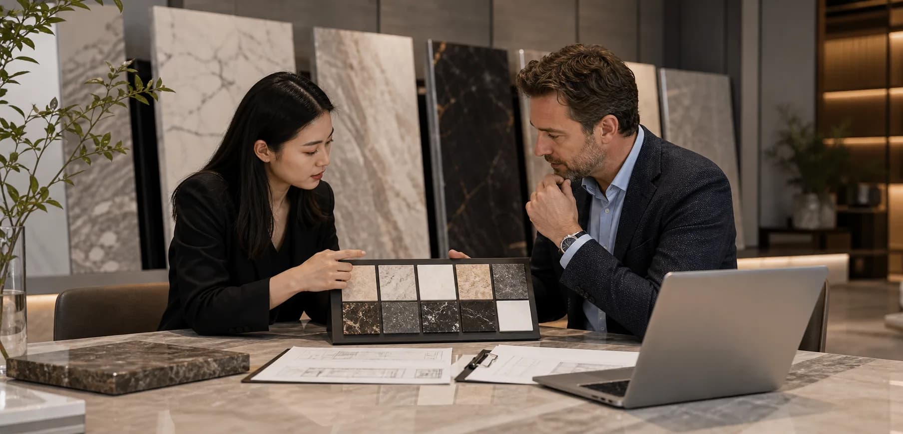 Illustrative project team reviewing stone samples and a project brief.