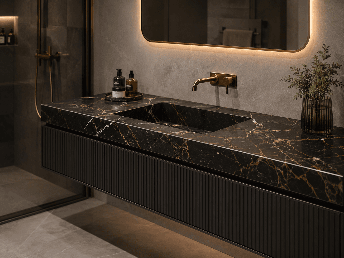 Illustrative dark stone vanity and cabinet front in a bathroom interior.