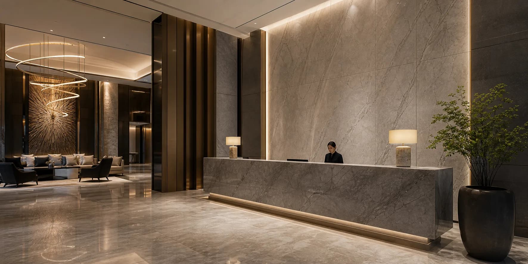 Illustrative hotel lobby with a stone reception desk and wall backdrop; concept visualization, not a completed project photo. Illustrative hotel lobby with a stone reception desk and wall backdrop; concept visualization, not a completed project photo.