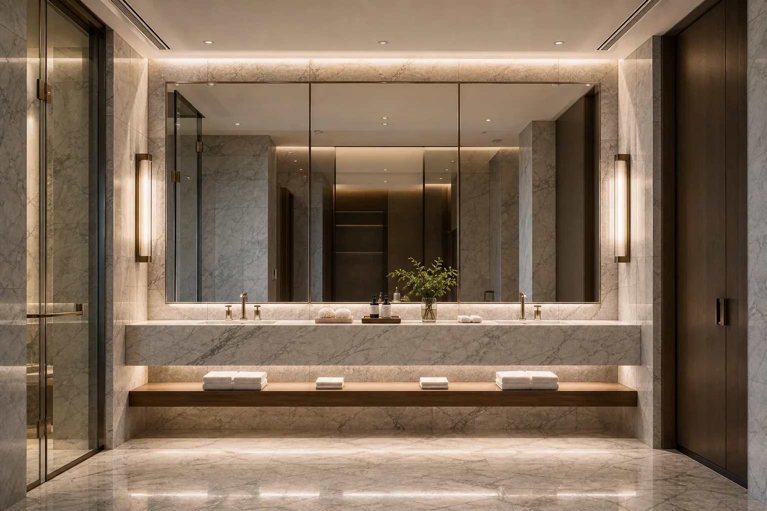 Illustrative stone vanity top and cabinet panels in a bathroom interior concept