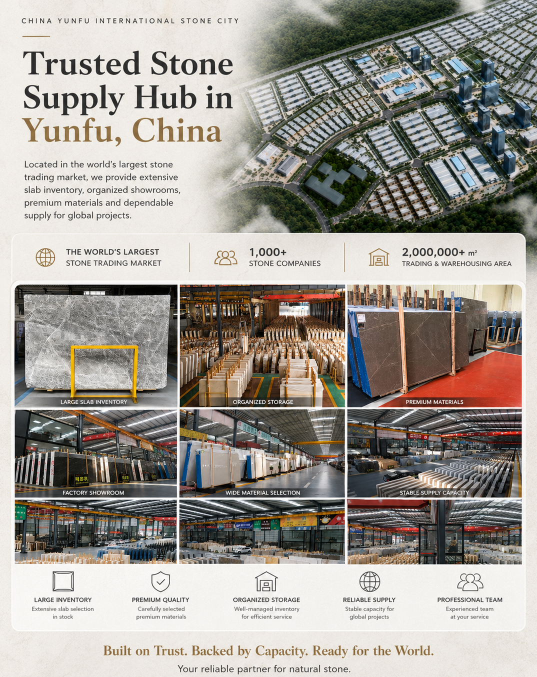 Trusted stone supply hub overview with factory, warehouse, and material capacity details