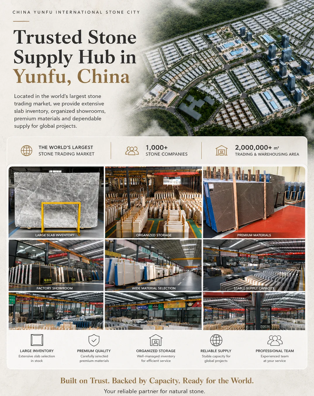 Stone supply overview graphic with product and workshop images; not documentary proof of facility or capacity