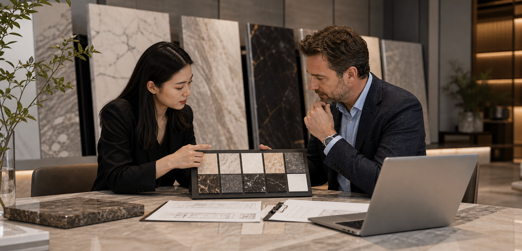 Luxury stone buyer guide preview with project notes and material references