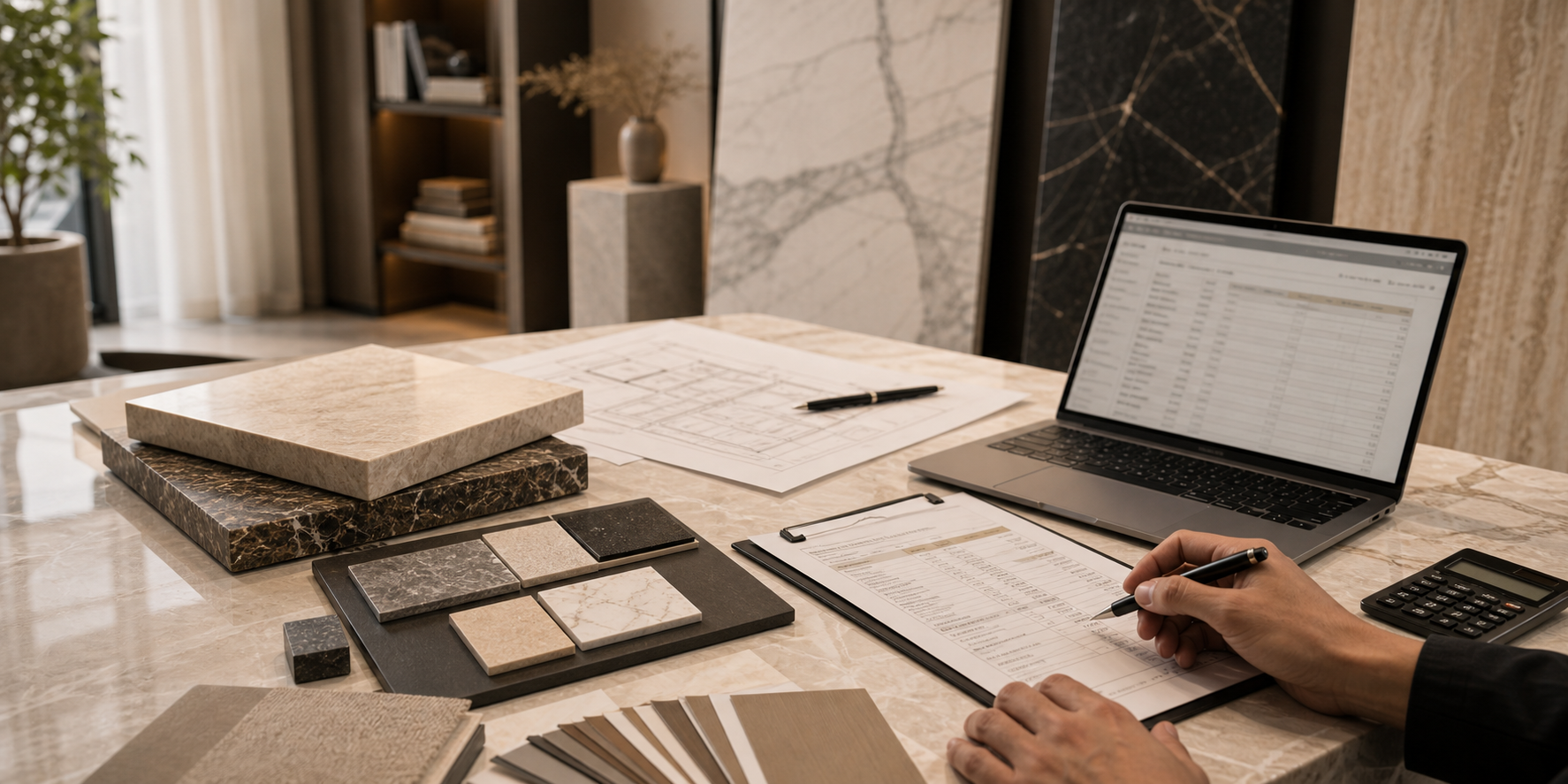 Stone pricing discussion with samples, notes, and project quotation layout