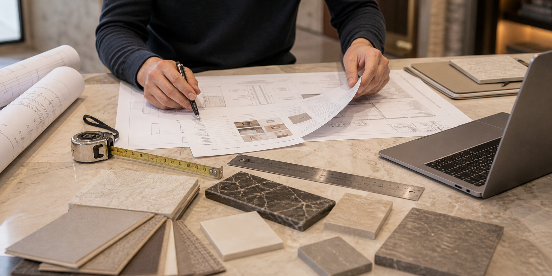 Stone project checklist with samples, drawings, and project details