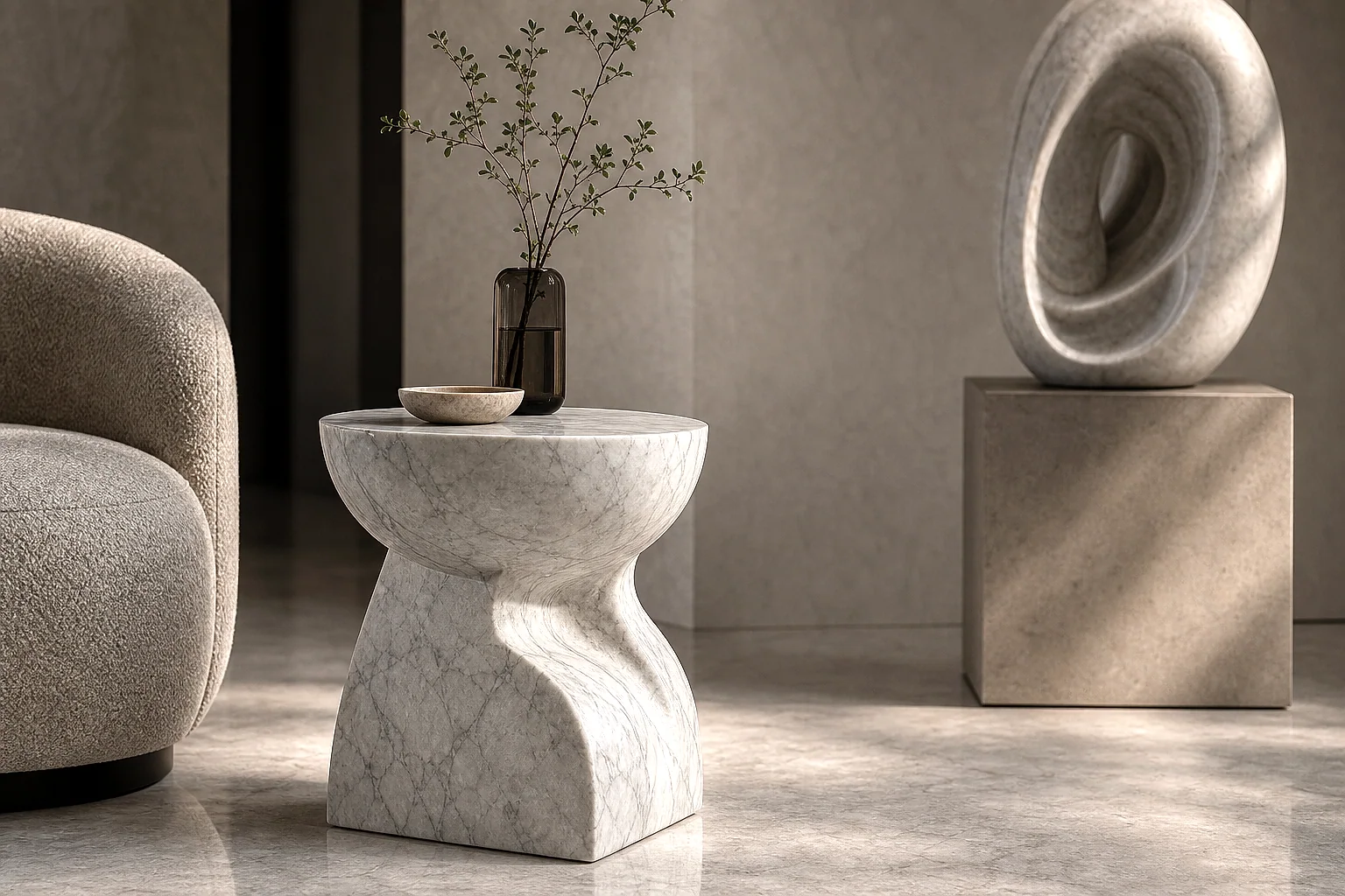 Illustrative stone interior or component concept; not a documentary photograph of a completed project.. Illustrative Stone Project Concept - Ref AD3D36
